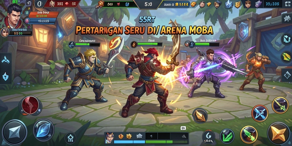 Tangkapan layar gameplay 55RT dengan aksi seru di arena MOBA.