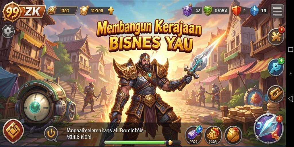 Screenshot gameplay 99ZK menampilkan suasana kota bisnis yang dinamis.