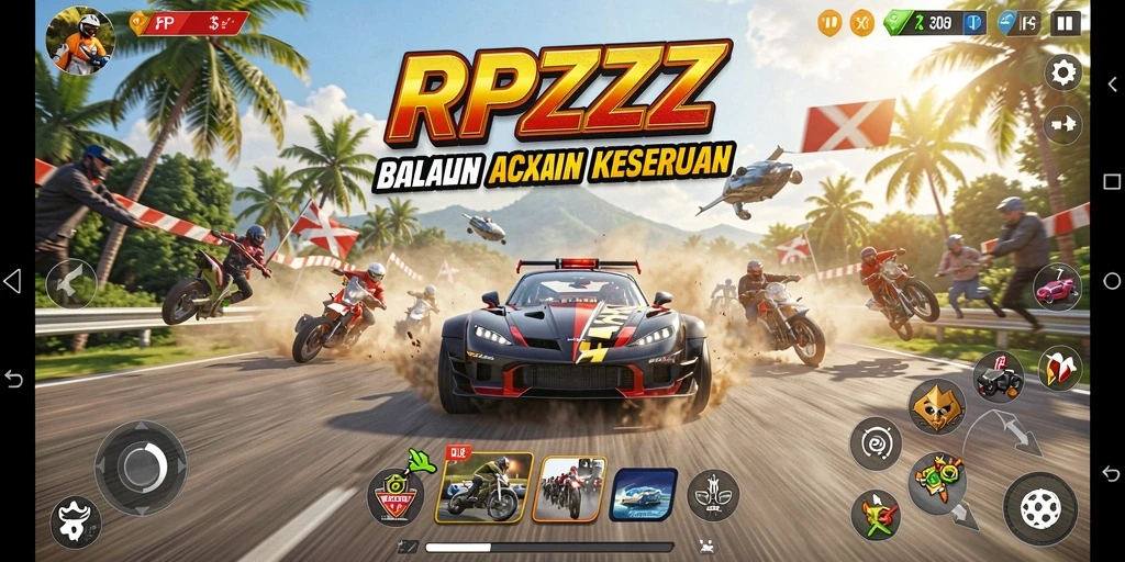 Screenshot gameplay RPZZZ dengan mobil balap di trek menantang.