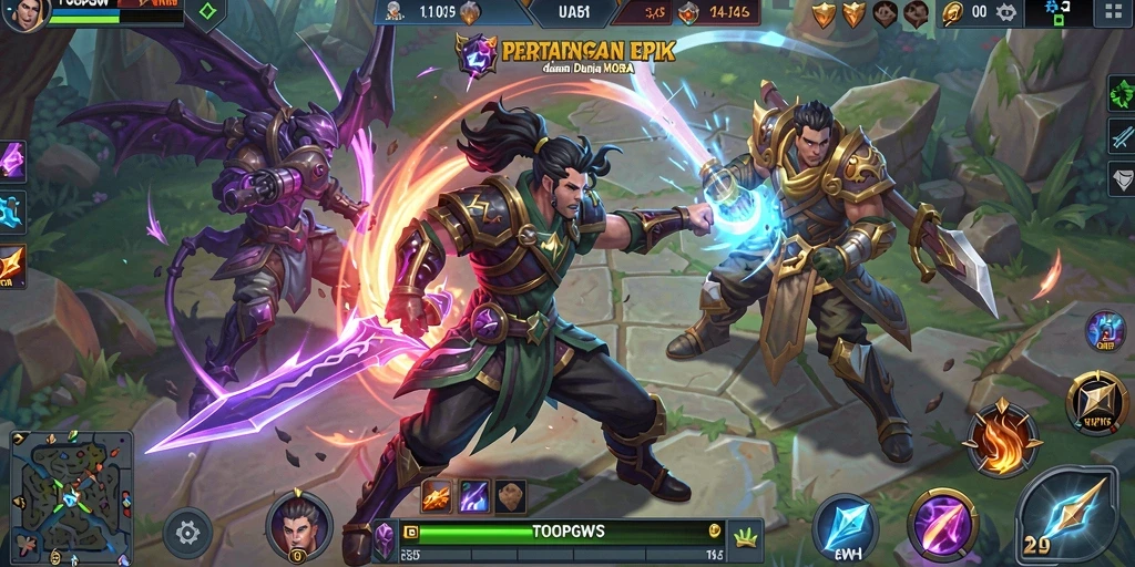 Screenshot gameplay TOOPGWS menampilkan pertempuran seru di arena MOBA.