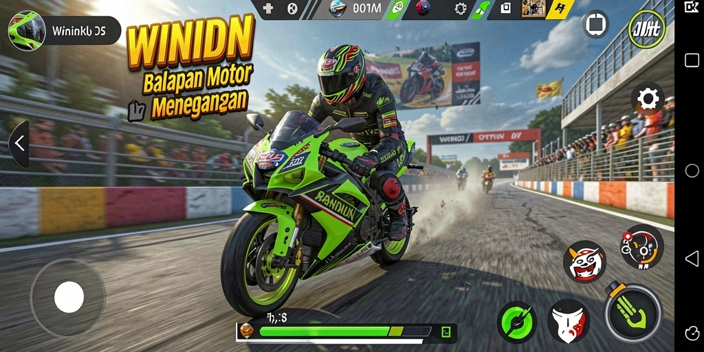 Screenshot gameplay WINIDN dengan motor balap di lintasan.